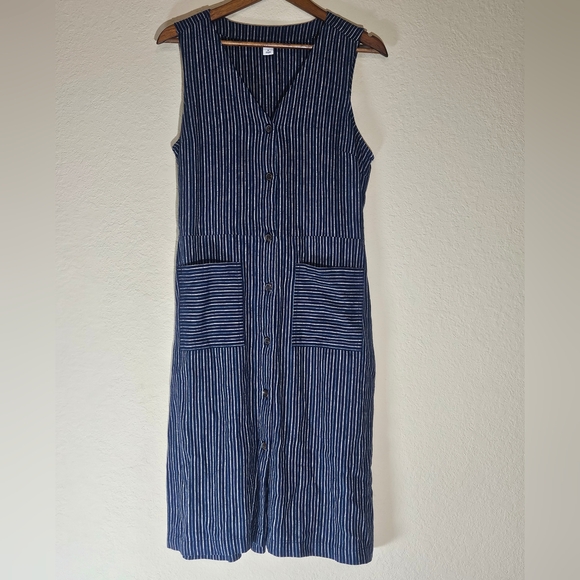 Old Navy Linen Blend Dress Womens Medium Blue White Nautical Stripe Patch Pocket - Picture 3 of 10